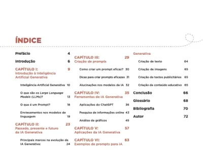 Índice do livro Inteligência Artificial Generativa com Confiança, com capítulos sobre prompts, ferramentas, aplicações e ética na IA