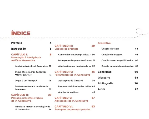 Índice do livro Inteligência Artificial Generativa com Confiança, com capítulos sobre prompts, ferramentas, aplicações e ética na IA