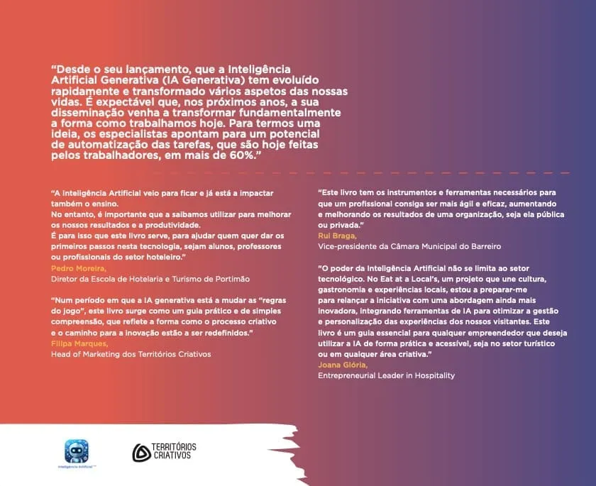 Contracapa do livro Inteligência Artificial Generativa com Confiança, destacando citações e testemunhos de especialistas sobre o impacto da IA generativa no trabalho e na produtividade.