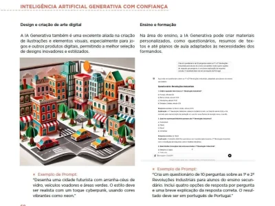 Exemplos de uso da IA Generativa em educação e design digital, incluindo uma cidade futurista e um questionário escolar criado com IA.
