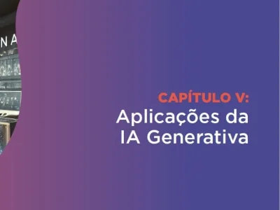 Abertura do Capítulo V com o título “Aplicações da IA Generativa” sobre fundo roxo e fotografia de ambiente tecnológico.