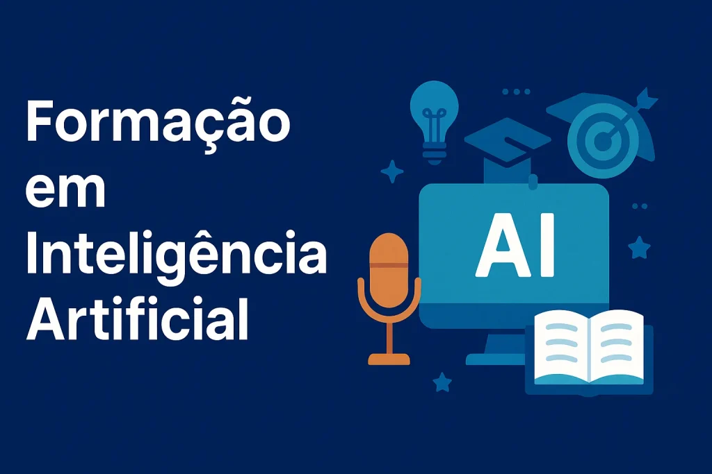 Banner com o texto “Formação em Inteligência Artificial” e ícones de formação como microfone, monitor, livro aberto, chapéu de graduação e símbolo de IA