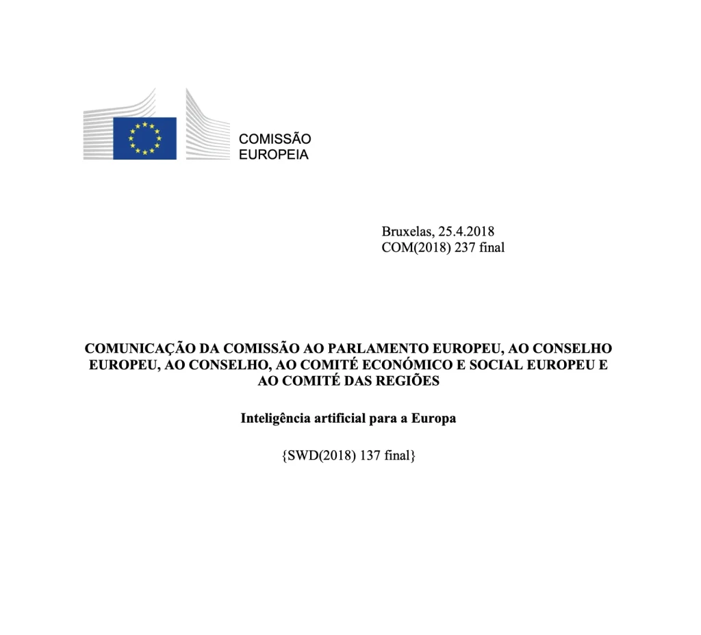 Capa do documento da Comissão Europeia de 2018 intitulado Inteligência Artificial para a Europa.