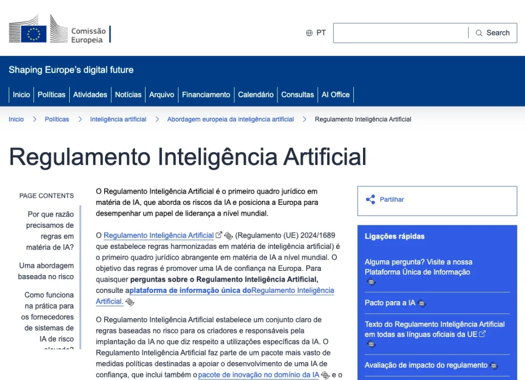 Página da Comissão Europeia a apresentar o Regulamento de Inteligência Artificial (AI Act), com menu institucional e título em destaque.