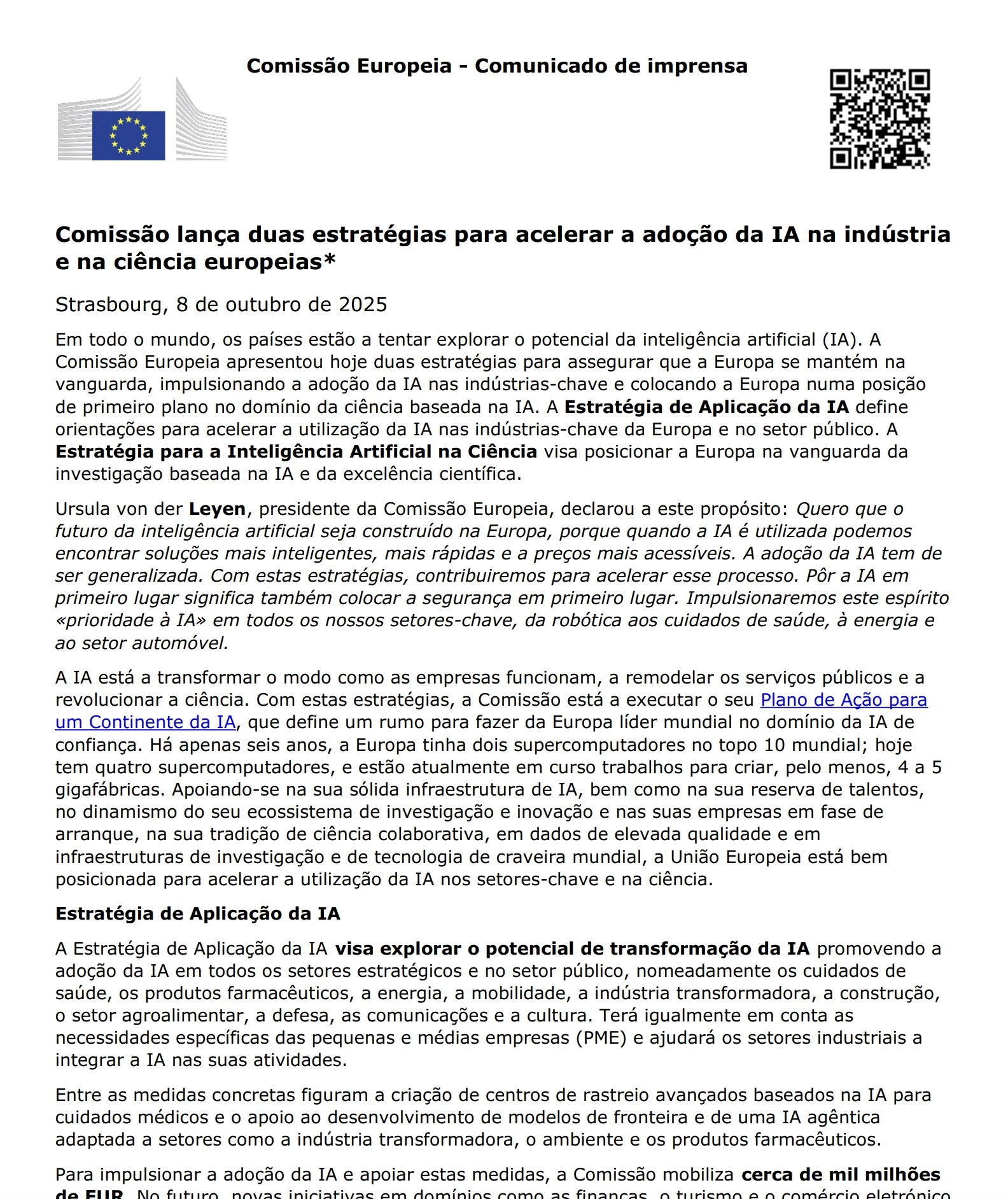 Comissão Europeia Estratégias IA Indústria e Ciência 2025