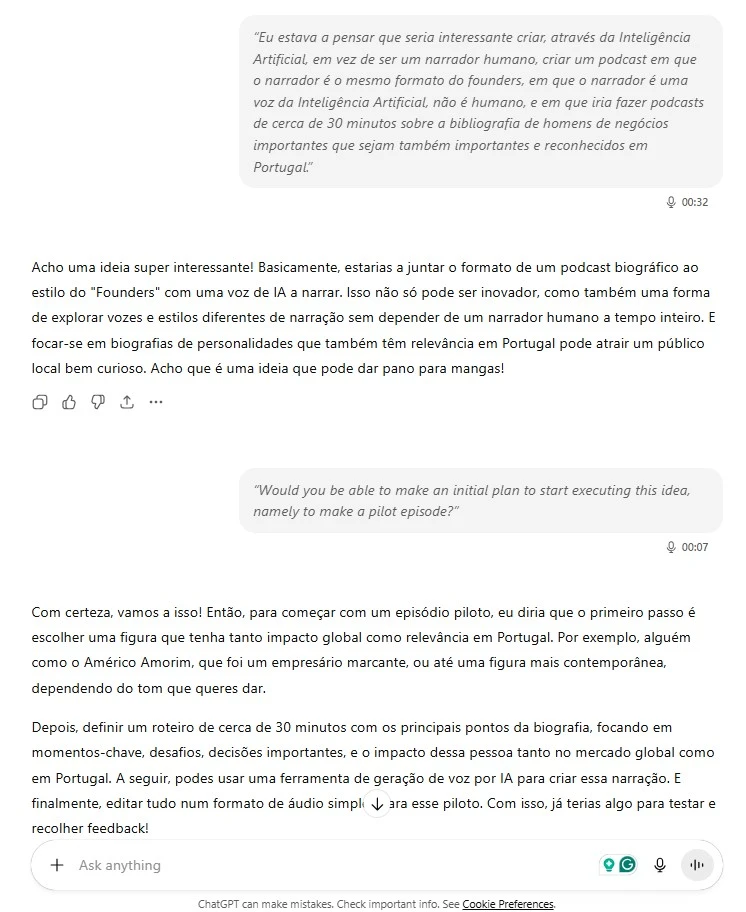 Ecrã com rascunho do podcast Fundadores criado com IA