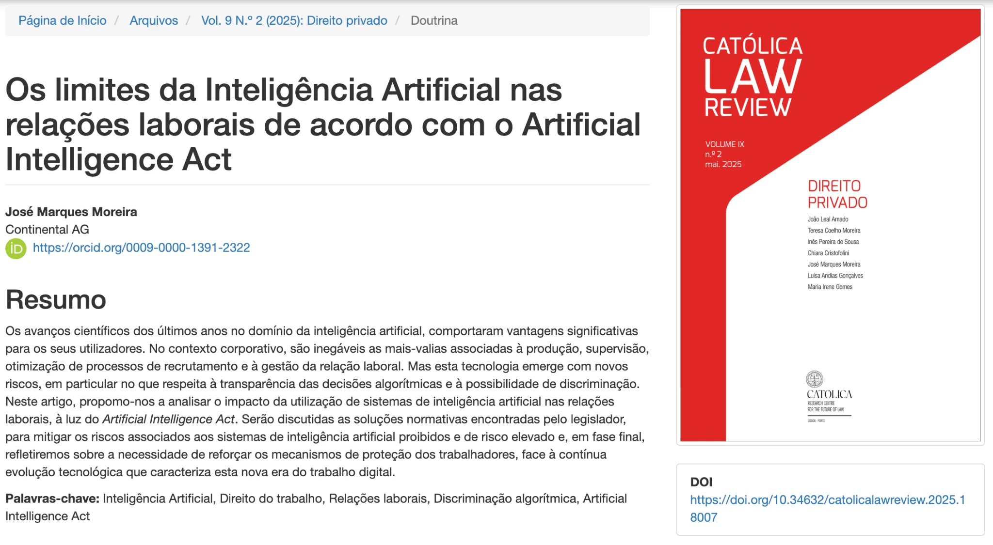 Capa da revista Católica Law Review e início do artigo Os limites da Inteligência Artificial nas relações laborais de acordo com o Artificial Intelligence Act.