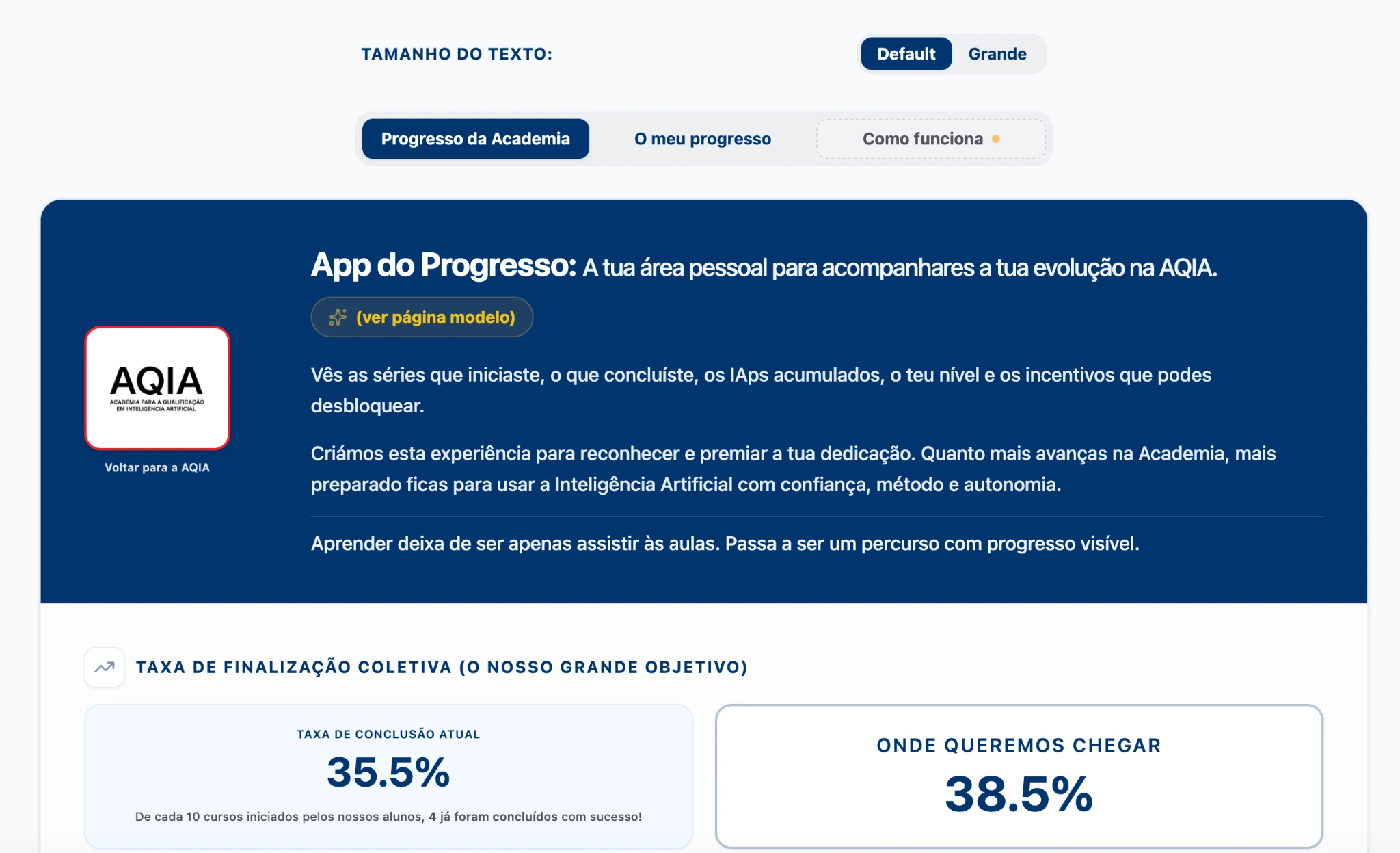 Aplicação de progresso da AQIA para acompanhamento da formação em Inteligência Artificial