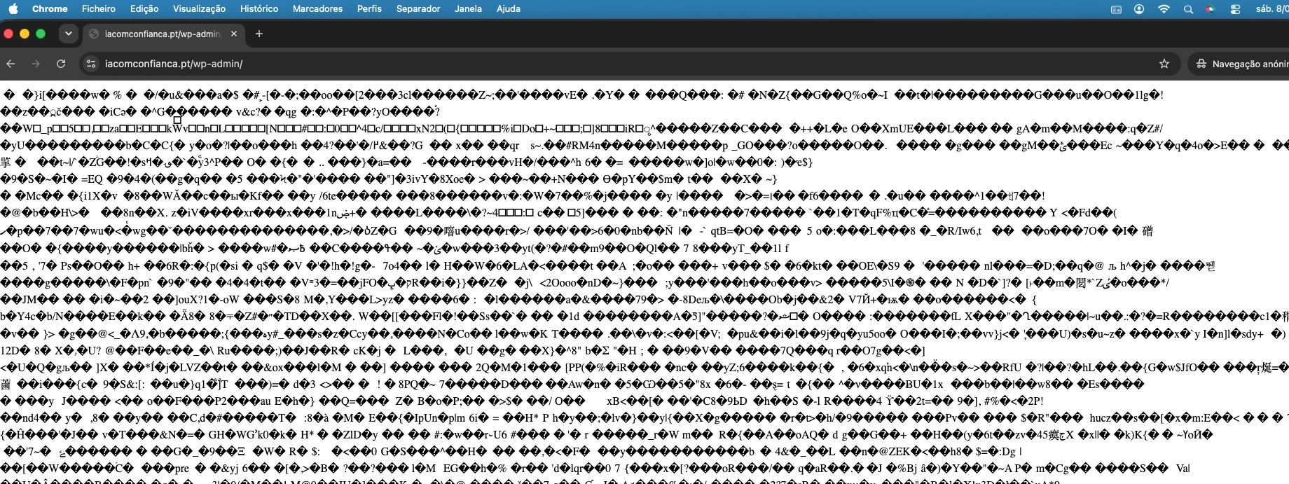 Página WordPress a apresentar caracteres inesperados durante o incidente de malware