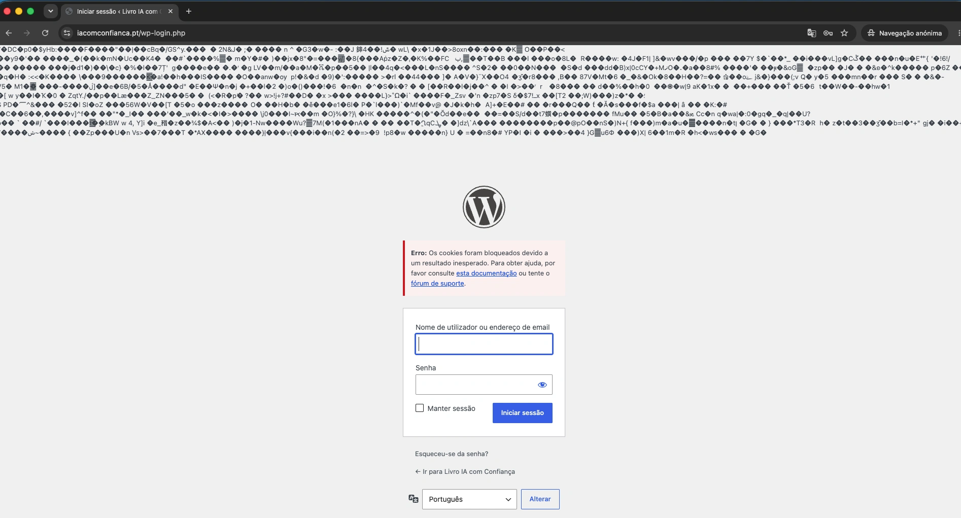 Segundo exemplo do comportamento anómalo observado num site WordPress